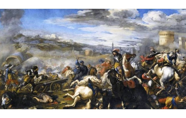 Battaglia con fanteria, cavalleria e cannoni con la città sullo sfondo