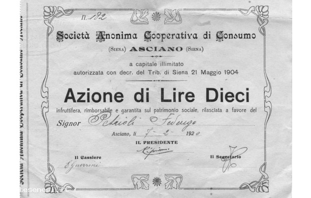 1920 - Sottoscrizione Azioni a sostegno Coop di Consumo